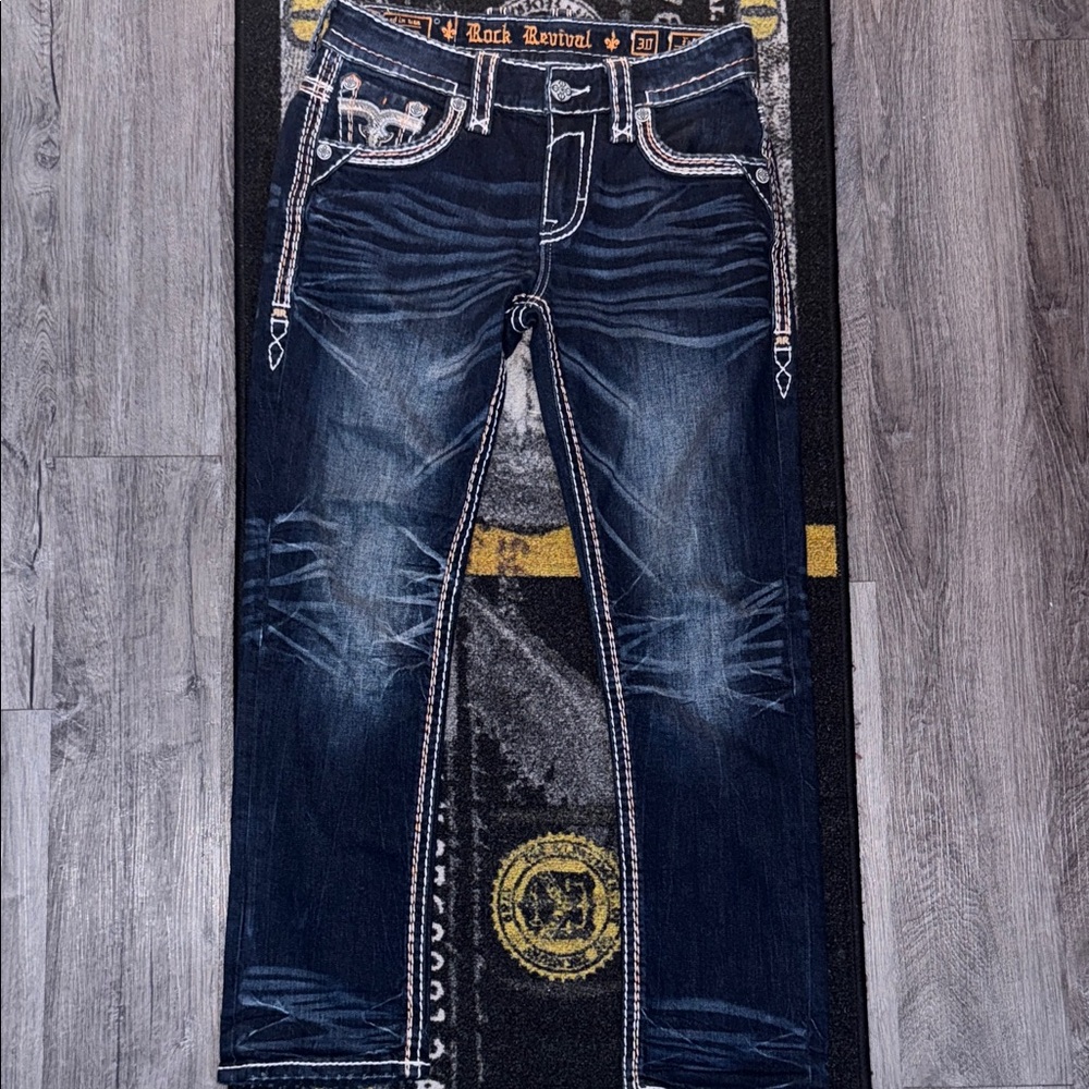 Rock Revival Men’s Jeans Size 30•32 DarkWash,Contrast 
Stitching, Designer Denim
